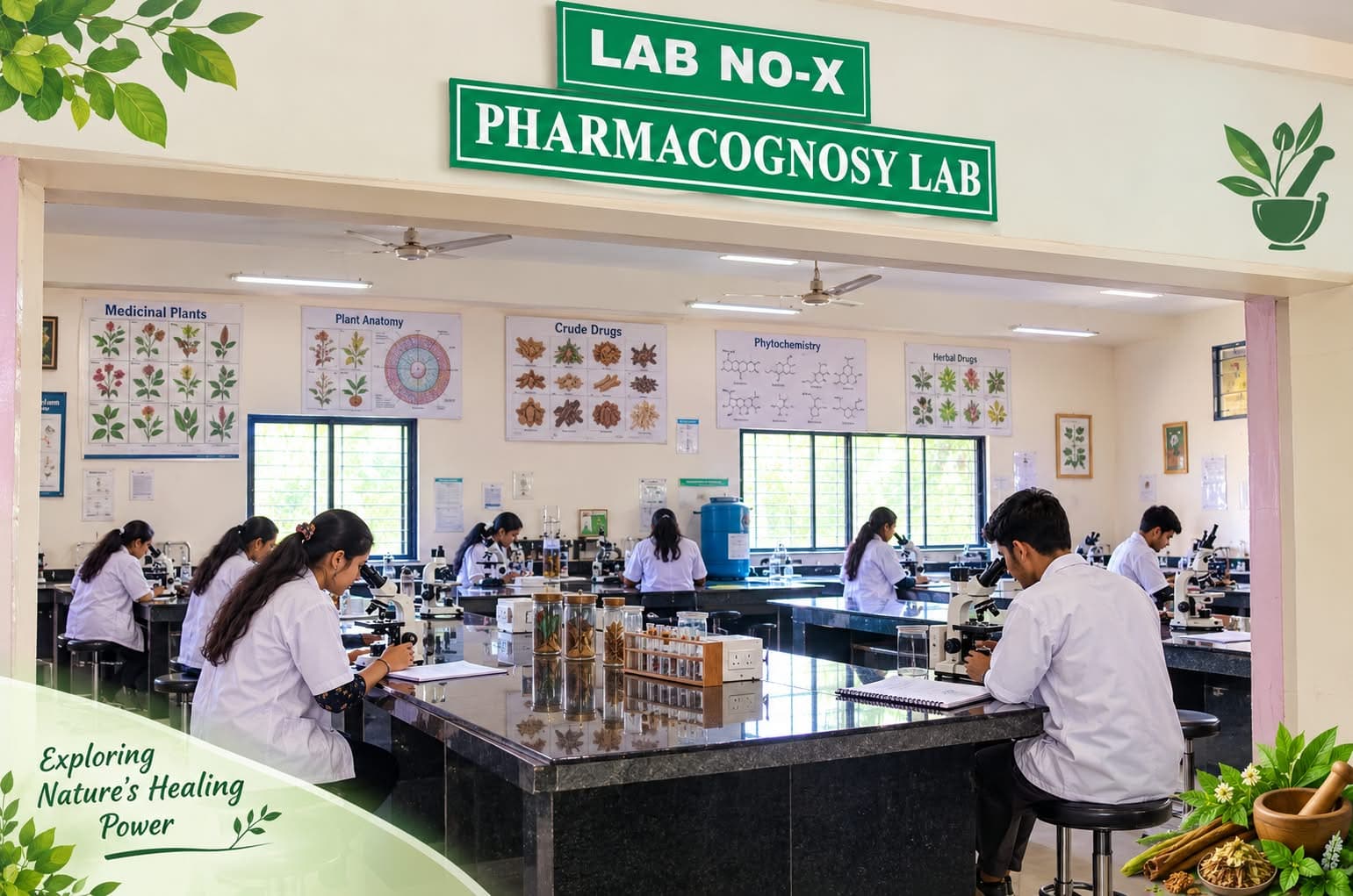 Pharmacognosy department laboratory at K.T. Patil College of Pharmacy for pharmaceutical testing
